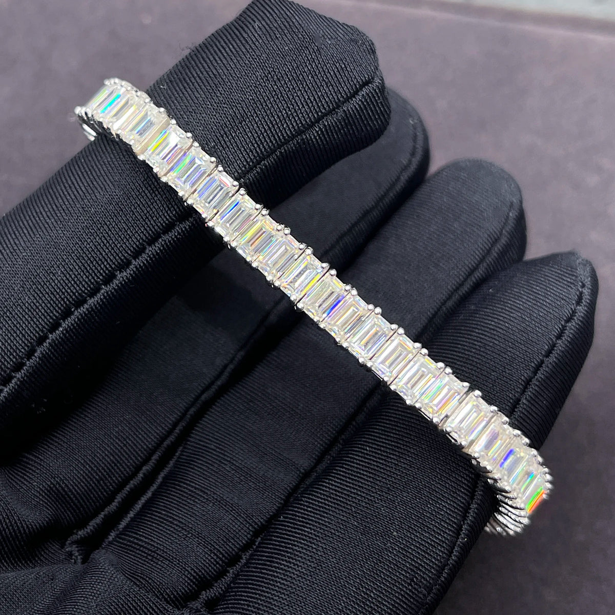 Unisex Iced Out 925 Sterling Silver VVS Moissanite Emerald Cut Tennis Bracelet 5mm