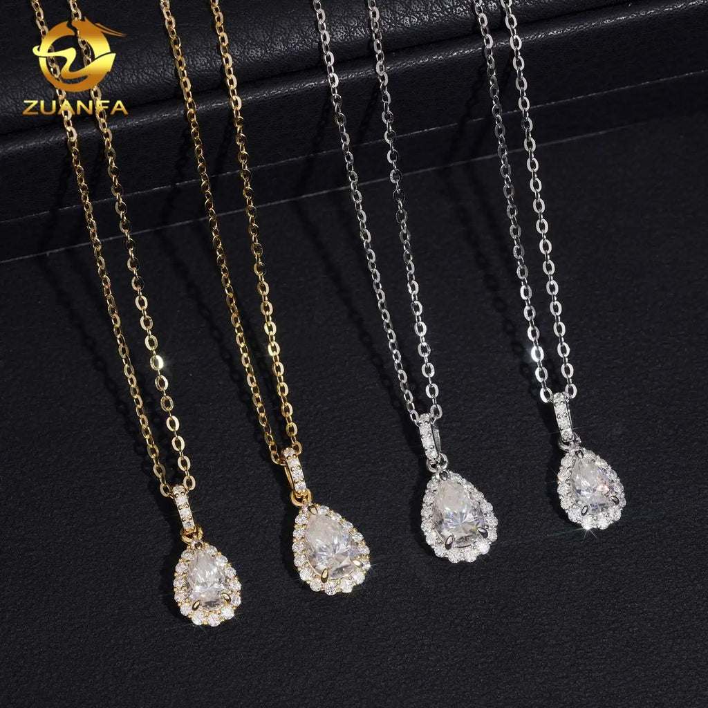 Unisex Iced Out 925 Sterling Silver VVS Moissanite Pear Shape Pendant Necklace