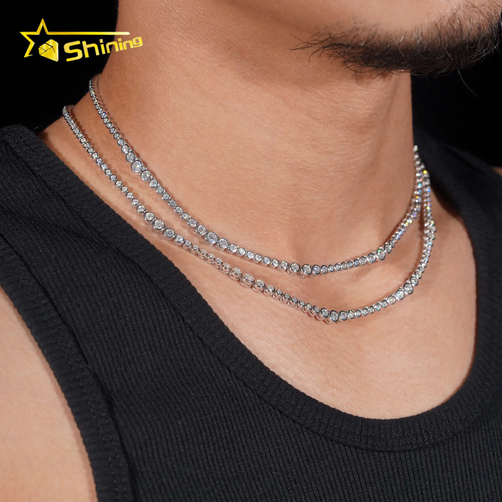 Unisex 2mm Round Brilliant Cut VVS Moissanite Bezel Choker Necklace Rhodium Plated 925 Sterling Silver