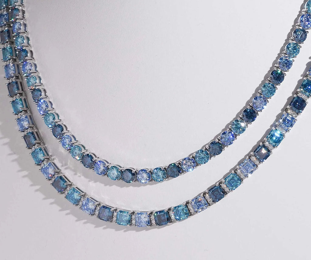 Unisex Iced Out 925 Sterling Silver Blue Moissanite Tennis Chain Necklace