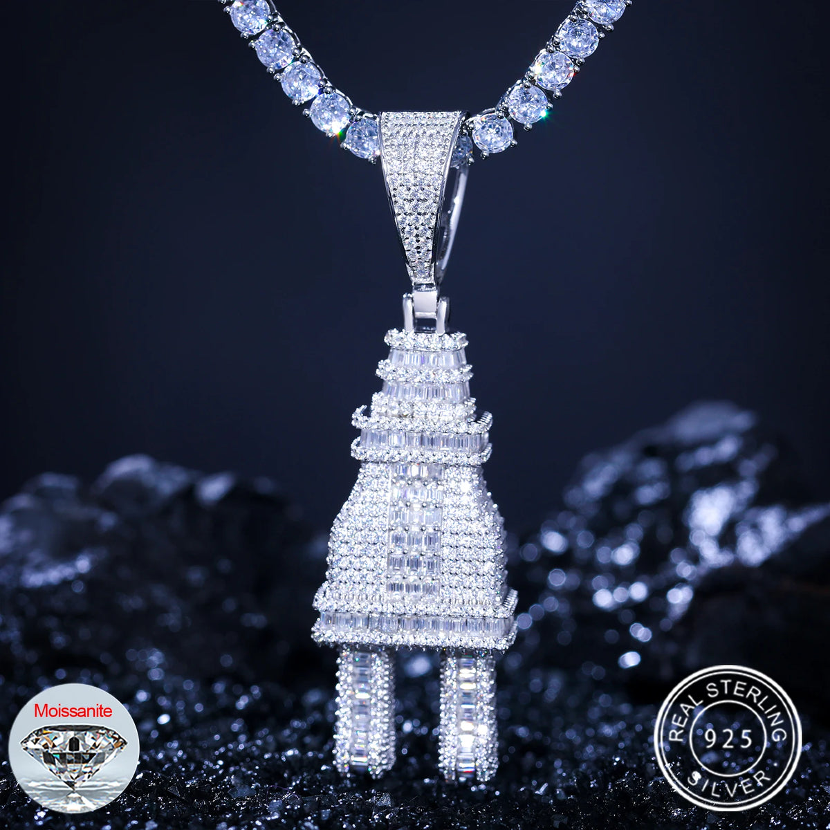 Unisex 925 Sterling Silver VVS Baguette Moissanite Iced Out Plug Pendant TQP0279