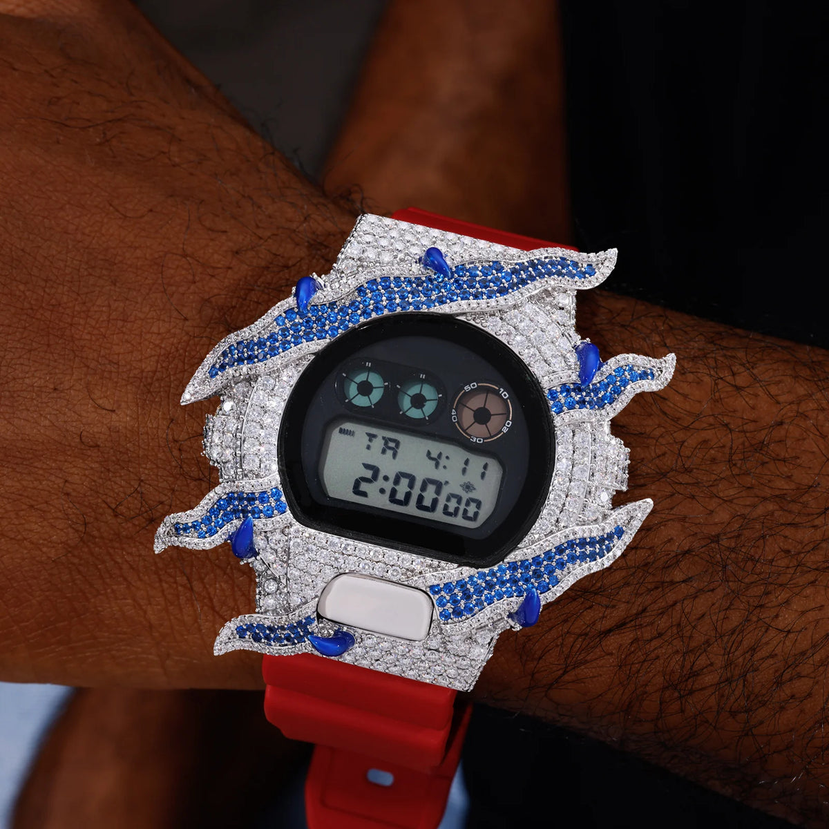 Luxury White Gold Buss Down Iced Out Flame Watch Case 925 Silver VVS Moissanite Bezel DW6900