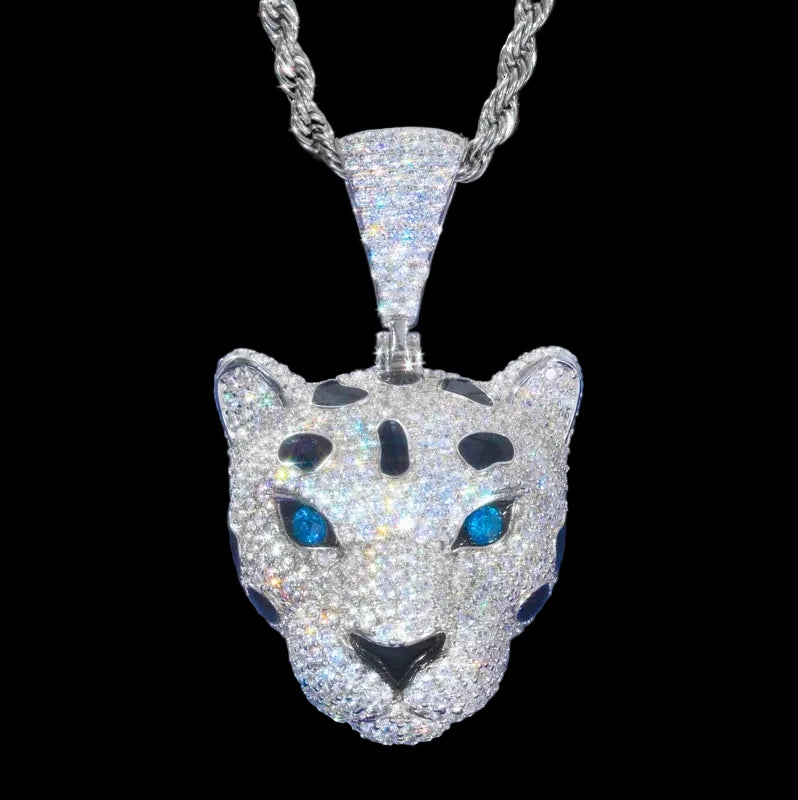 Unisex 925 Sterling Silver VVS Moissanite Iced Out Leopard Head Pendant TQP0801