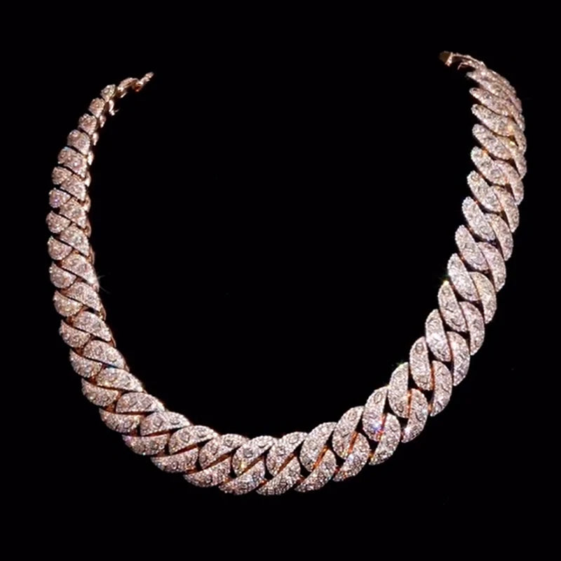 Men's 15mm Round Brilliant Cut Moissanite Cuban Link Chain Necklace 925 Sterling Silver Rose Gold Plated