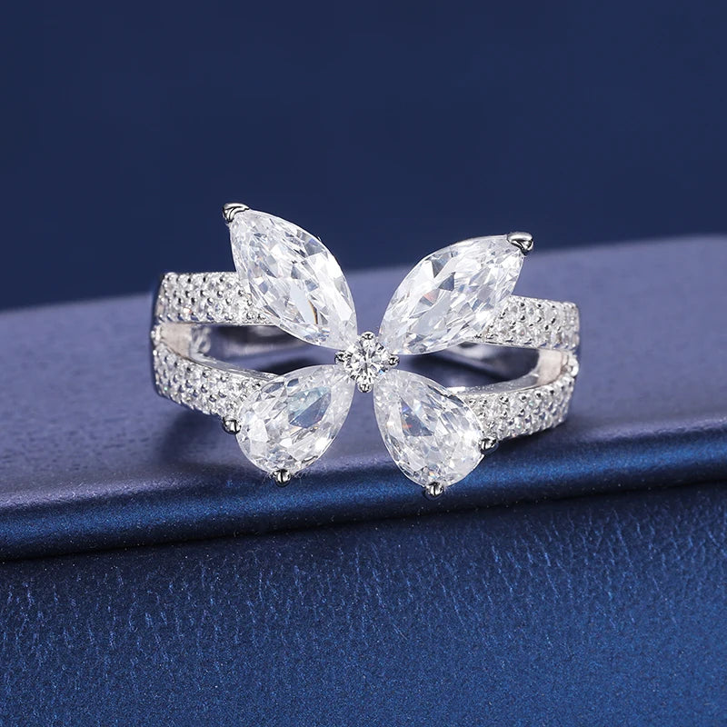 Women's Iced Out 925 Sterling Silver Pear Cut 5A Cubic Zirconia Butterfly Open Ring