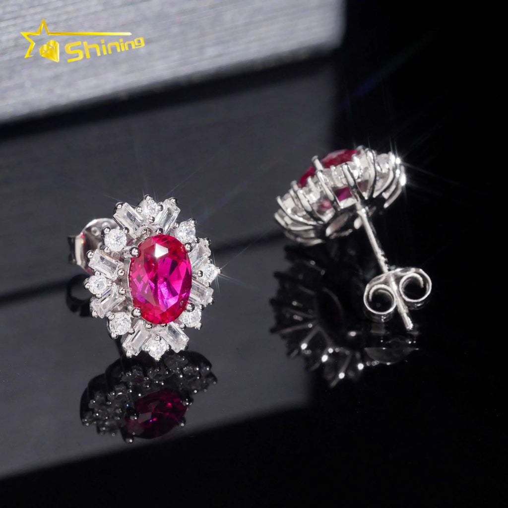 Women's Round Brilliant Cut Lab Grown Ruby and Moissanite Stud Earrings 925 Sterling Silver
