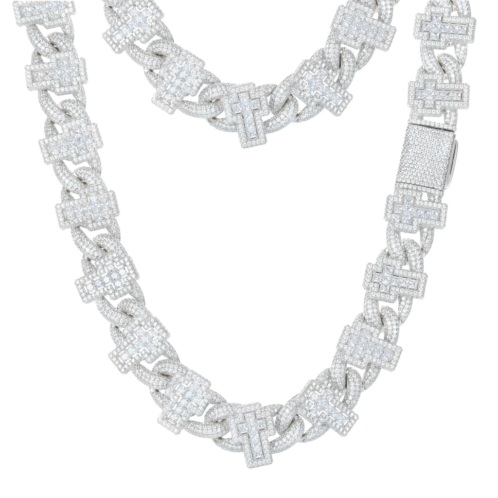 Men's 19mm Cross Shape Micro Paved Princess Cut Moissanite Cuban Link Chain Necklace 925 Sterling Silver