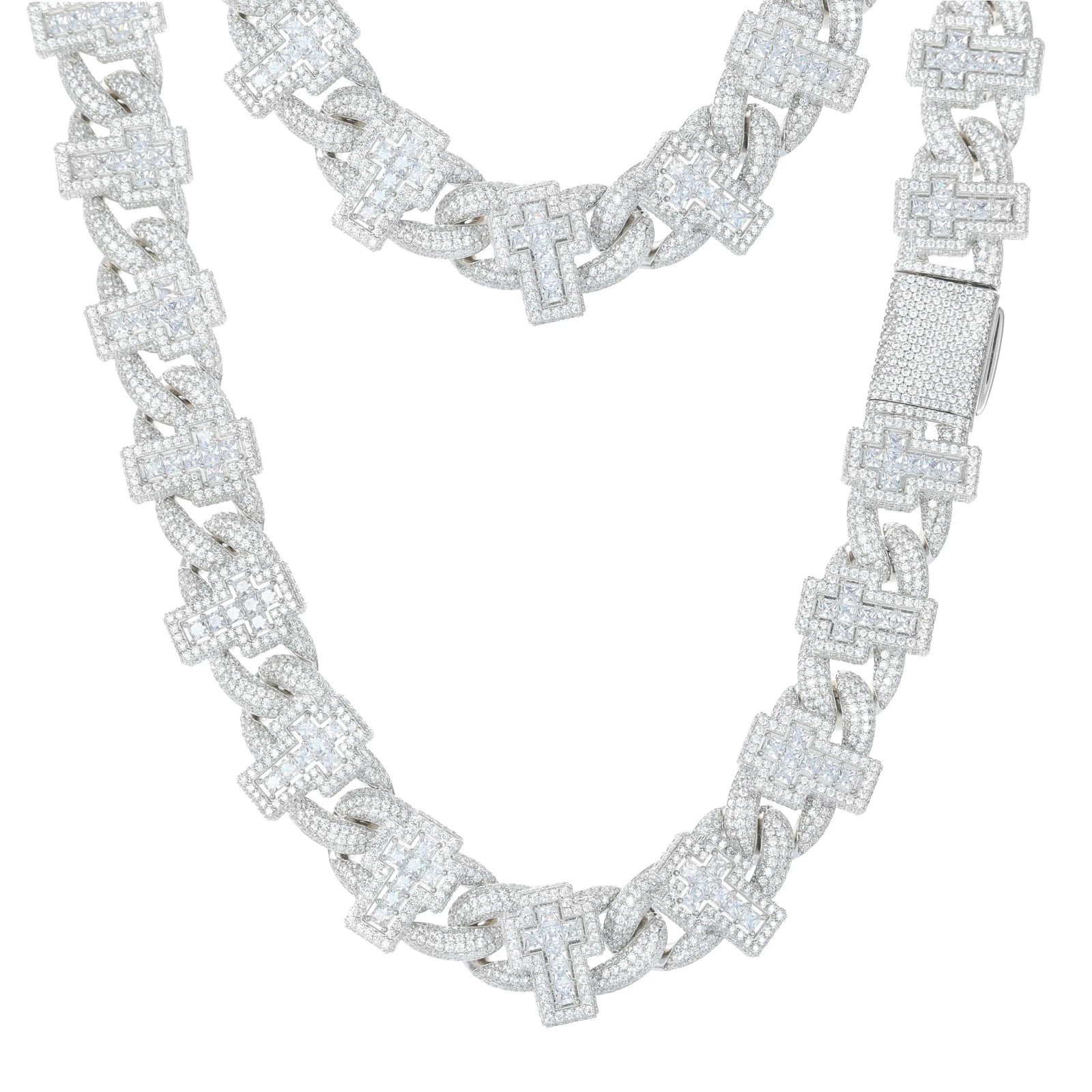 Men's 19mm Cross Shape Micro Paved Princess Cut Moissanite Cuban Link Chain Necklace 925 Sterling Silver