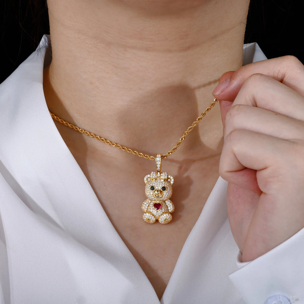 Unisex 925 Sterling Silver VVS Moissanite Iced Out Teddy Bear Pendant TQP0895