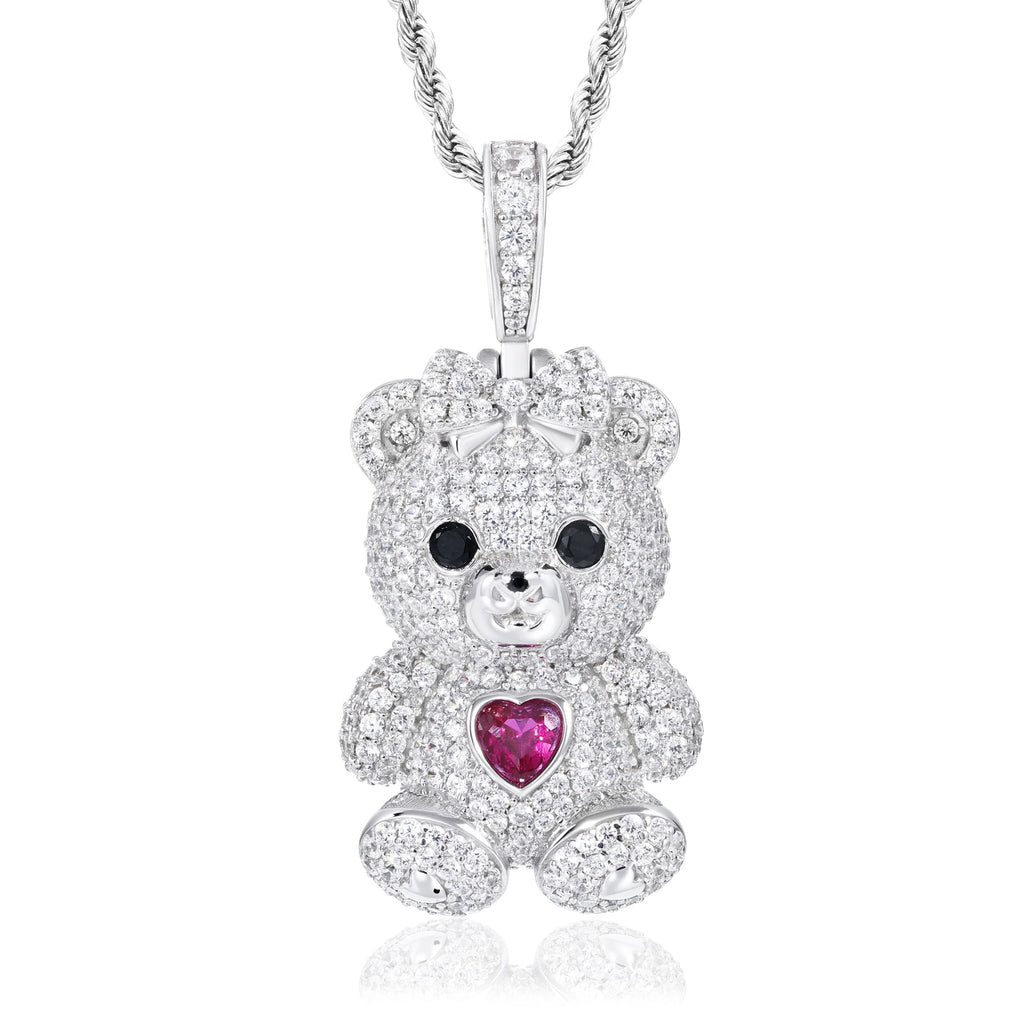 Unisex 925 Sterling Silver VVS Moissanite Iced Out Teddy Bear Pendant TQP0895