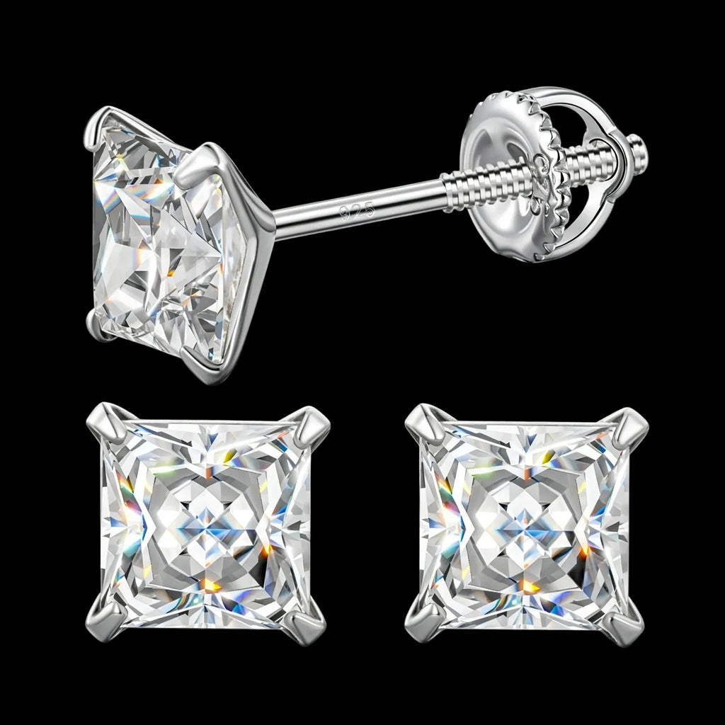 Unisex Princess Cut Moissanite Stud Earrings 925 Sterling Silver