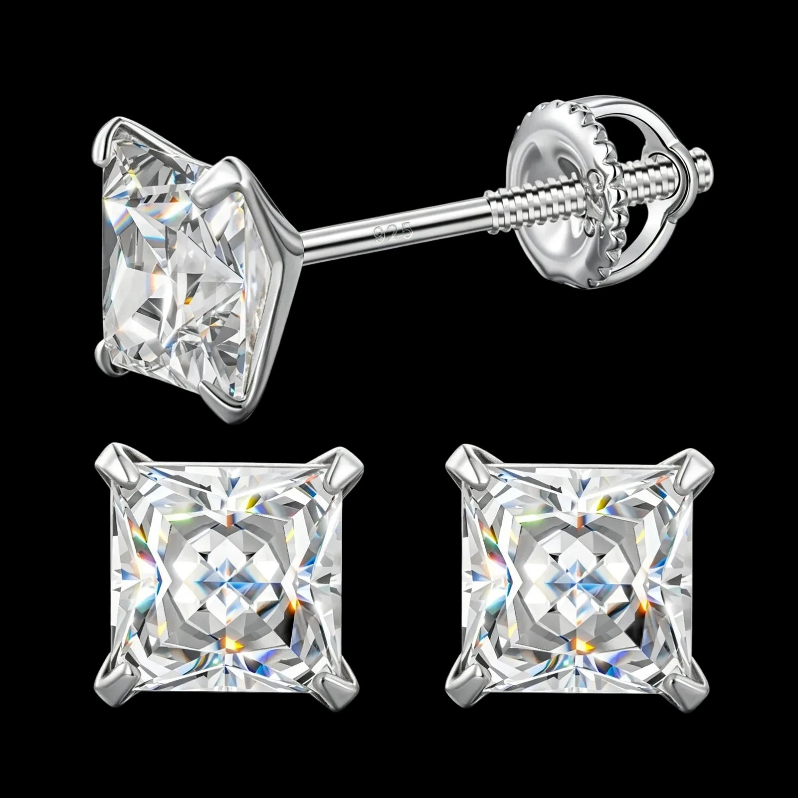Unisex Princess Cut Moissanite Stud Earrings 925 Sterling Silver