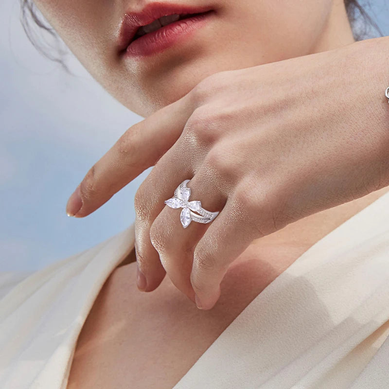 Women's Iced Out 925 Sterling Silver Pear Cut 5A Cubic Zirconia Butterfly Open Ring