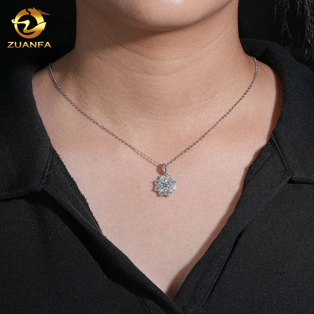 Unisex 925 Sterling Silver Moissanite Flower Shape Pendant Necklace