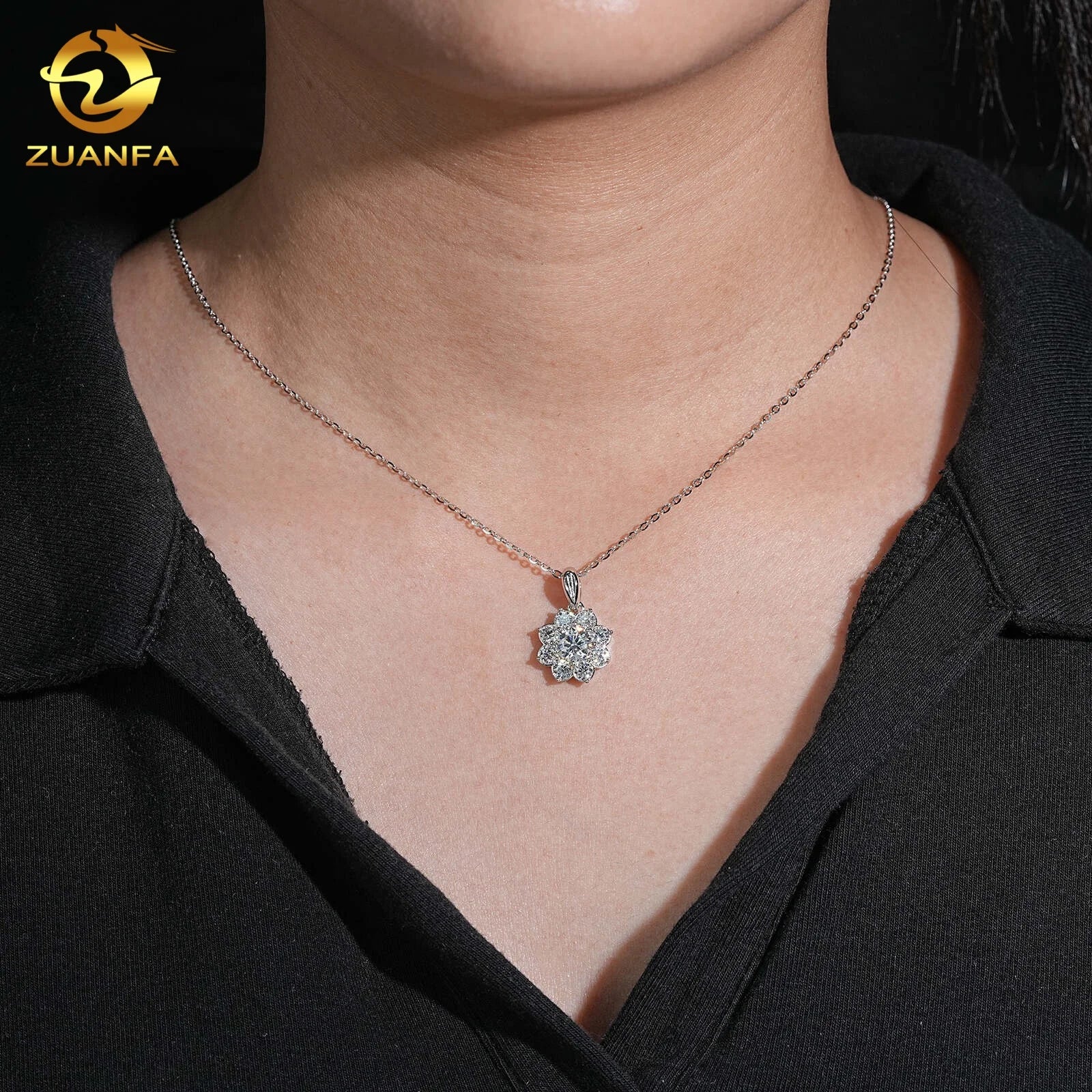 Unisex 925 Sterling Silver Moissanite Flower Shape Pendant Necklace