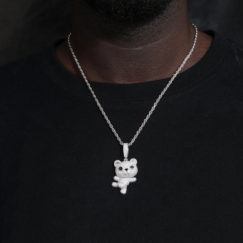 Unisex 925 Sterling Silver VVS Moissanite Dancing Little Bear Iced Out Pendant