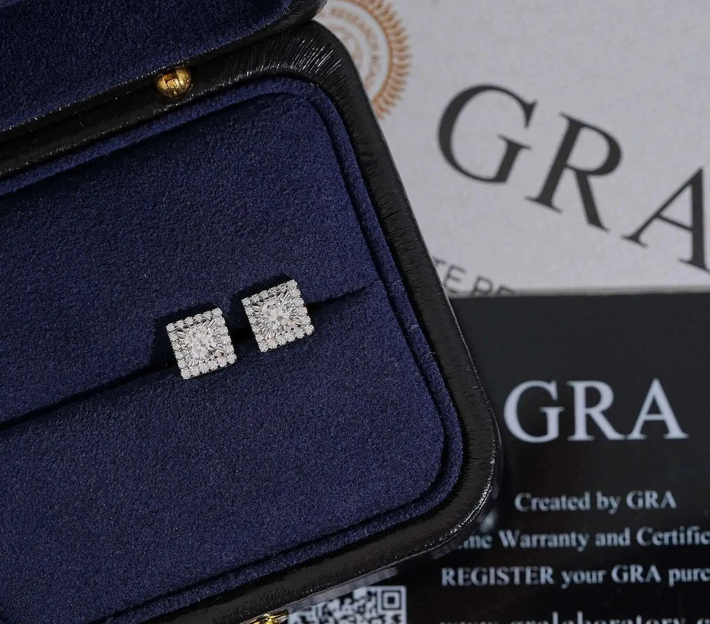 Unisex Iced Out 925 Sterling Silver Rhodium Plated VVS Moissanite Round Brilliant Cut Square Halo Stud Earrings