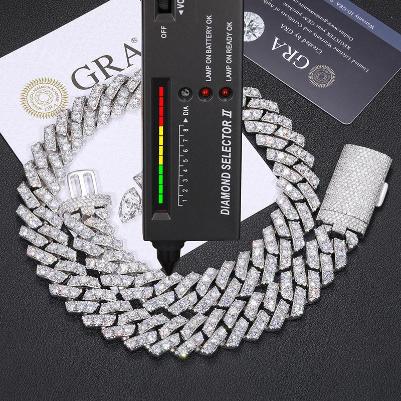 Men's 20mm Round Brilliant Cut VVS Moissanite Cuban Link Chain Necklace 925 Sterling Silver