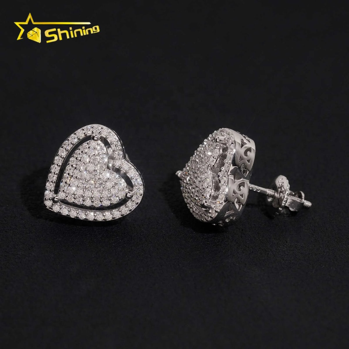 Unisex Iced Out 925 Sterling Silver Rhodium Plated VVS Moissanite Round Brilliant Cut Geometric Stud Earrings