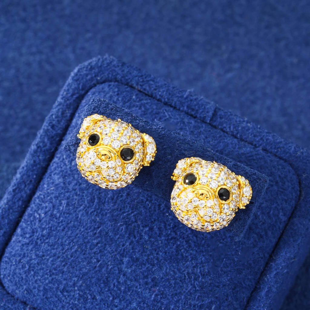 Unisex Iced Out 925 Sterling Silver VVS Moissanite Little Bulldog Stud Earrings