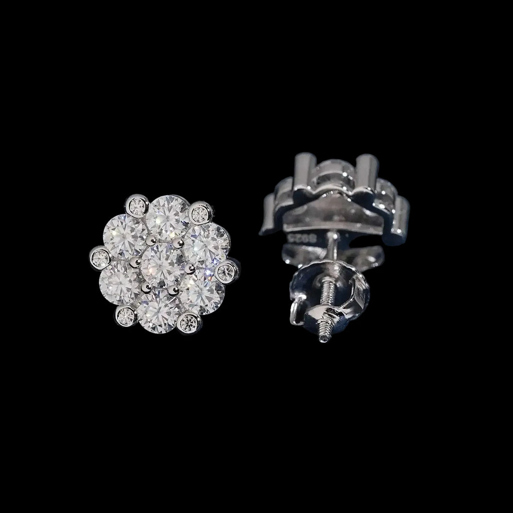 Unisex Iced Out 925 Sterling Silver VVS Moissanite Floral Cluster Stud Earrings
