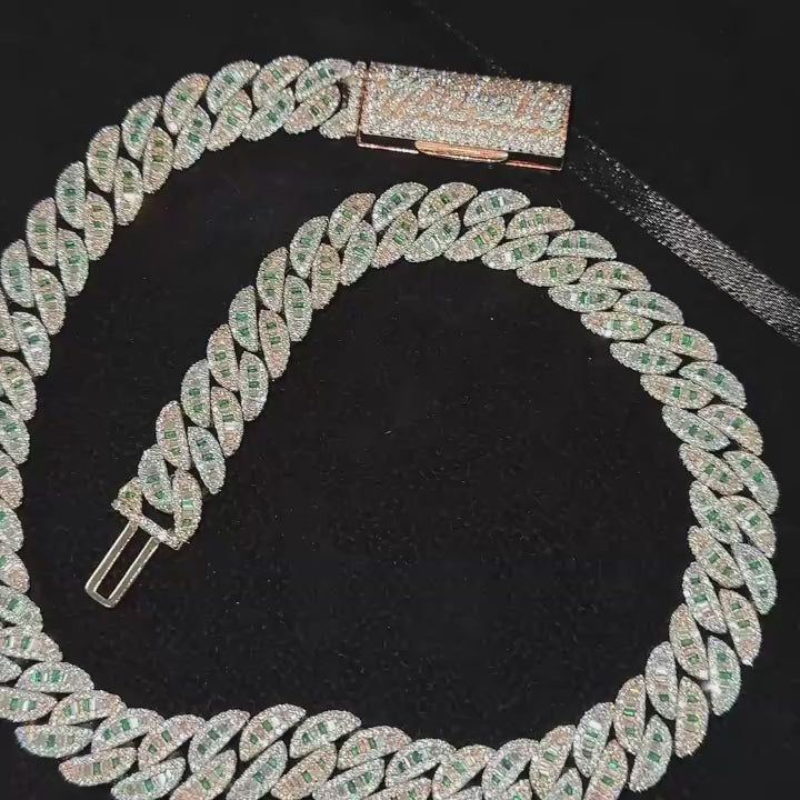 Men's 16mm Baguette Cut Color Mix Moissanite Cuban Link Chain Necklace 925 Sterling Silver