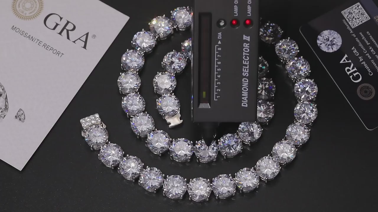 Unisex Iced Out 925 Sterling Silver Rhodium Plated VVS Moissanite Round Brilliant Cut Tennis Chain Necklace 15mm