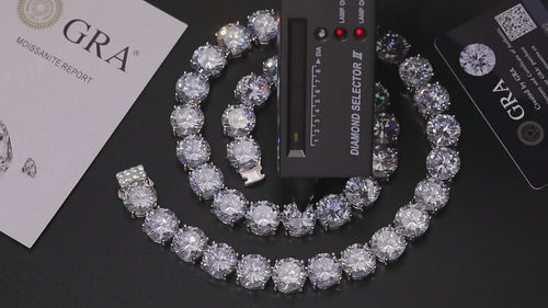 Unisex Iced Out 925 Sterling Silver Rhodium Plated VVS Moissanite Round Brilliant Cut Tennis Chain Necklace 15mm