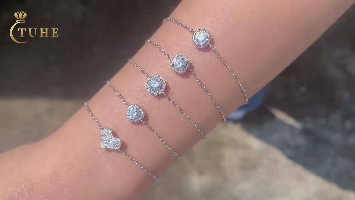 Women's Iced Out 925 Sterling Silver VVS Moissanite Heart Charm Bracelet