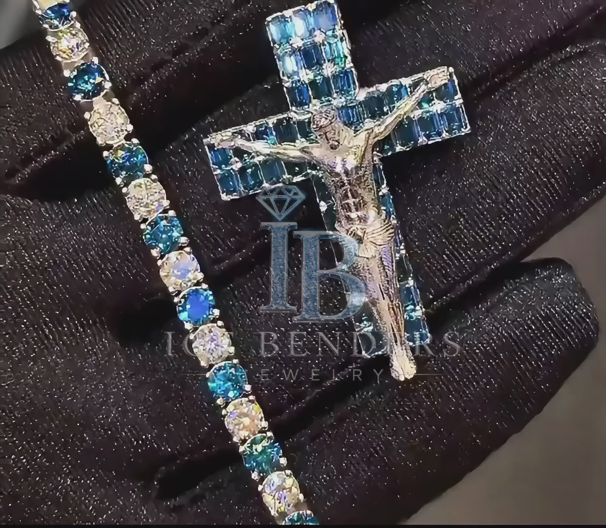 Side Iced Emerald Cut Deep Blue Moissanite Cross (Pendant Only)
